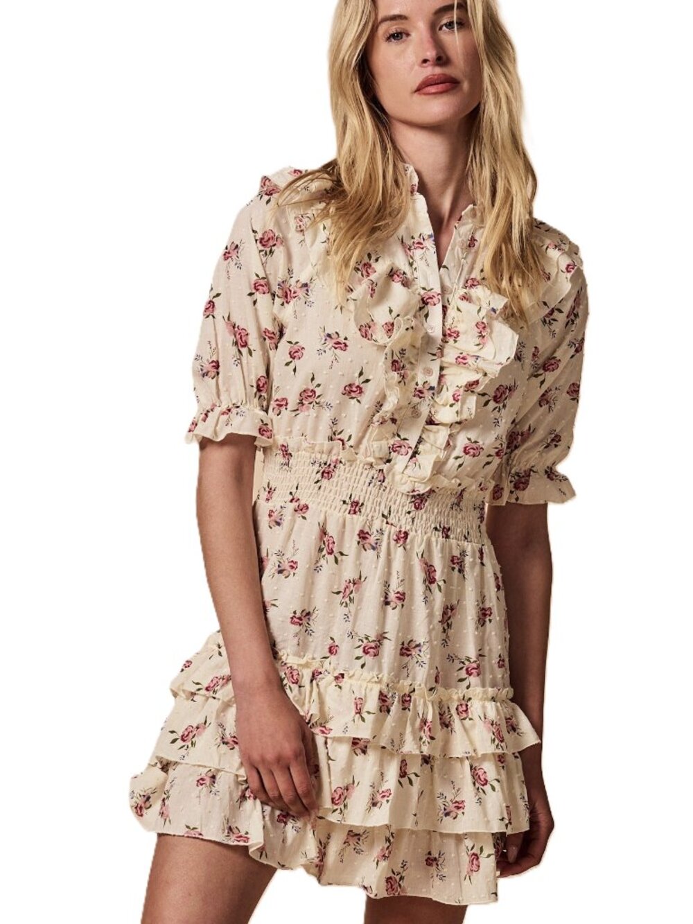 THE SHIRT Rochelle Behrens Floral Ruffle Dress L